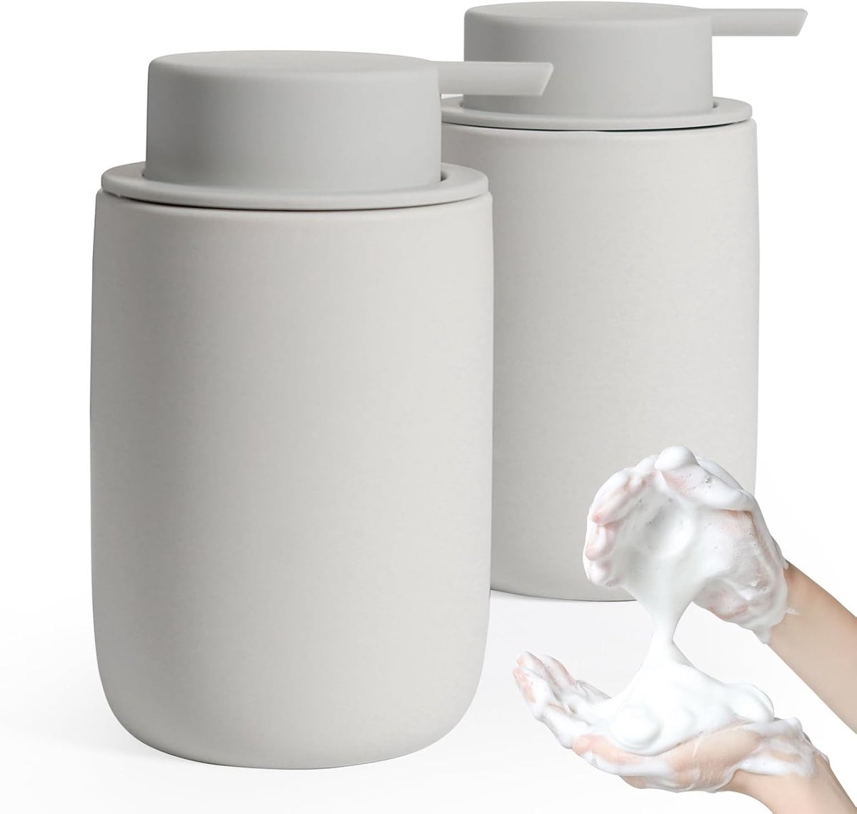 Set van 2 Foam Zeepdispensers met Grote Pomp en Label, Mat Grijs Keramisch, Geschikt voor Keuken en Badkamer | 350ml Zeepdispenser, Badkameraccessoires, Keukenaccessoires