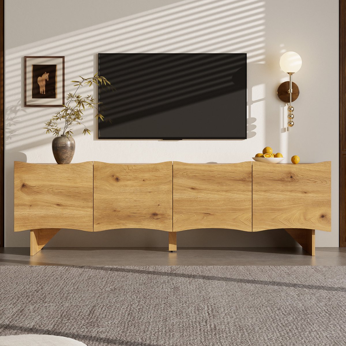 MEUNIQ tv-kast 155 x 36 x 47 cm met 4 deuren en kabeldoorvoer, mediamodule met opbergruimte voor woonkamer, houtlook naturel met golffront