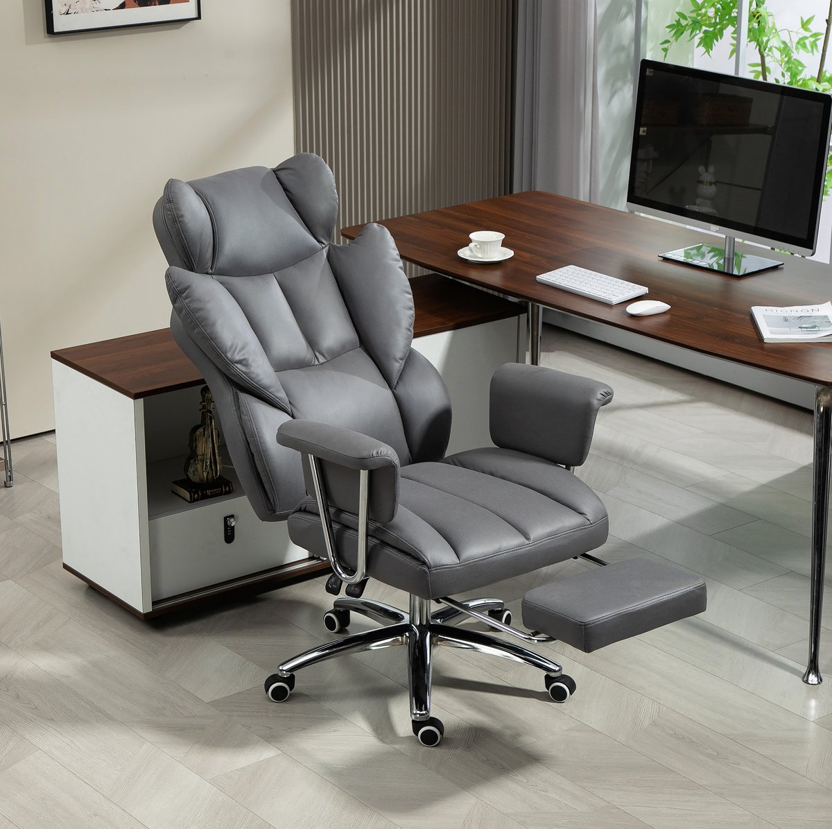 MIVRAY Bureaustoel - 74 x 65 x 120-128 cm - Ergonomisch Met Verstelbare Rugleuning en Voetensteun - Voor Kantoor en Werkkamer - Donkergrijs