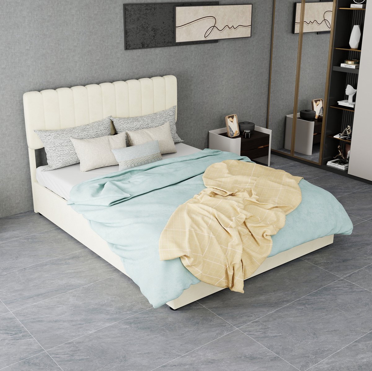FloraGrace Gestoffeerd Bed 140x200 cm - Met Zacht Hoofdbord En Gaslift Opbergbasis - Tweepersoons Voor Slaapkamer - Beige - Zonder Matras