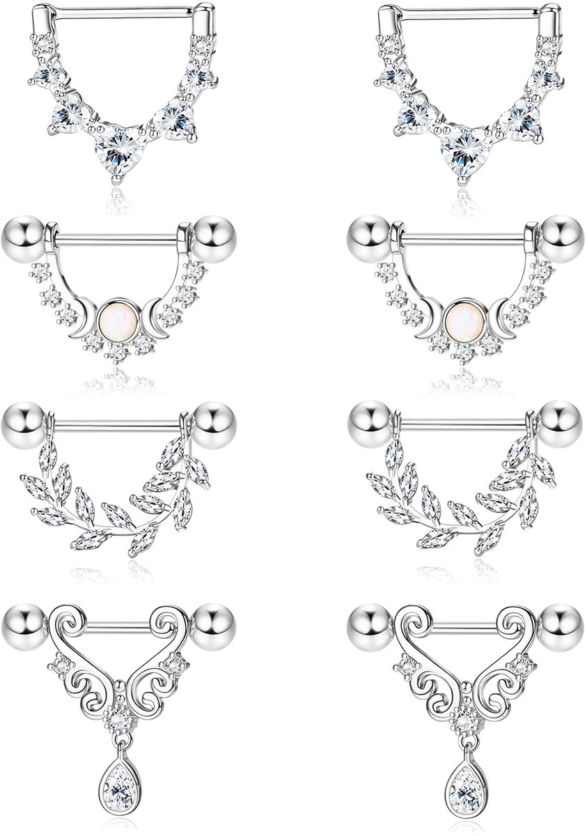 Dailygoods- Tepelpiercing 4 Paar - 14G Ringen - 316L Roestvrij Staal - Hart/Maan/Ster/Blad - Glanzende Kubische Zirkonia - Leuke Designs - Tepelringen