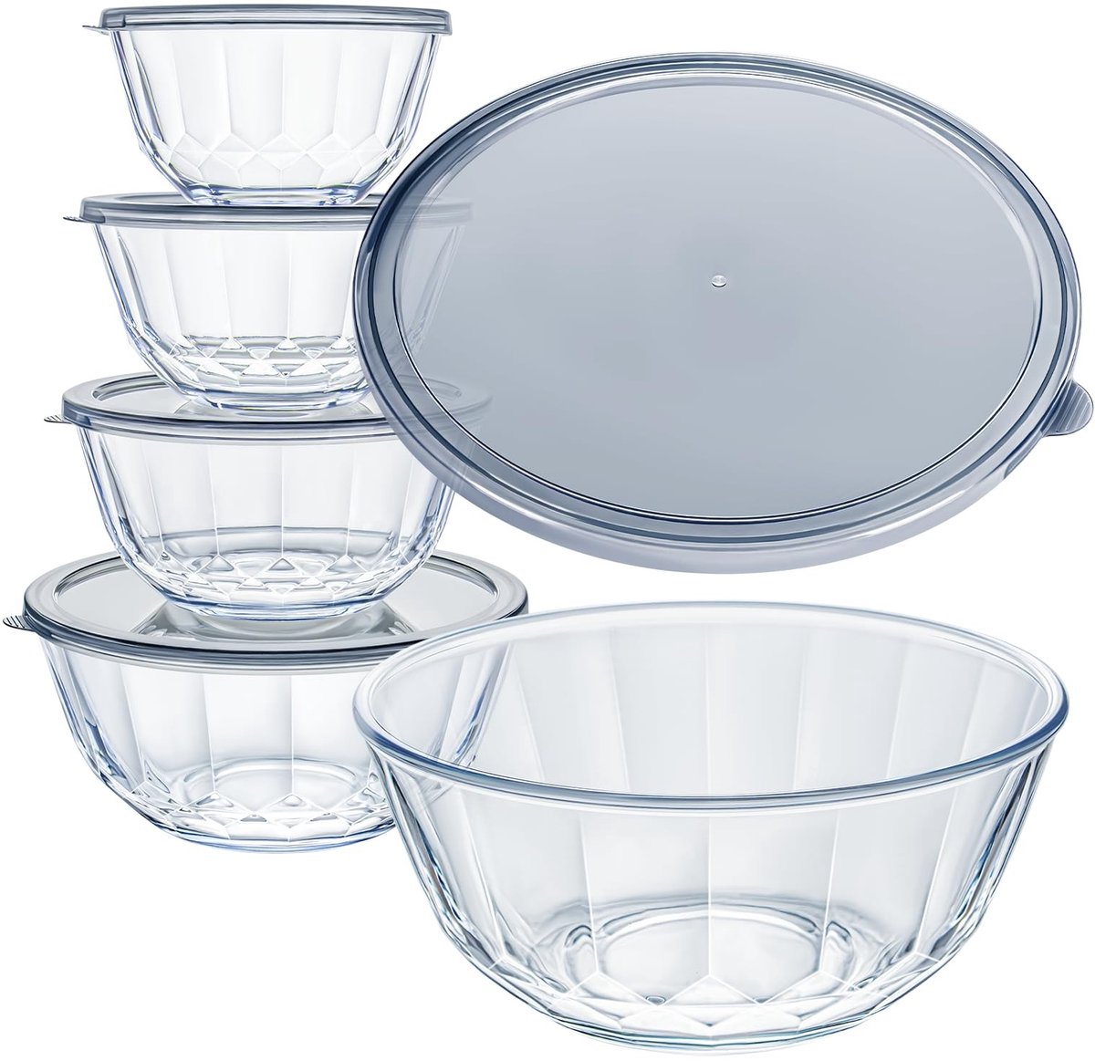 Dailygoods- Glasschaal Hittebestendig - 5-delige Set - Borosilicaatglas - Stapelbaar - Geschikt voor Magnetron/Vaatwasser - Deksel voor Versheid - Kom