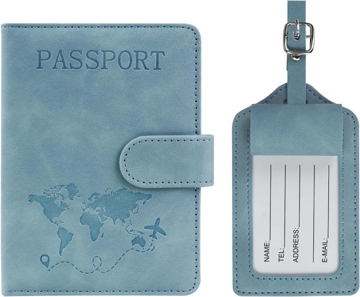 Thijox - Paspoorthoes en Kofferlabelset Kunstleer met RFID-blokkering, ID-kaarthoes voor Creditcards, Blauw, 11,5 x 15 cm, Perfect voor Reizen en Vaka