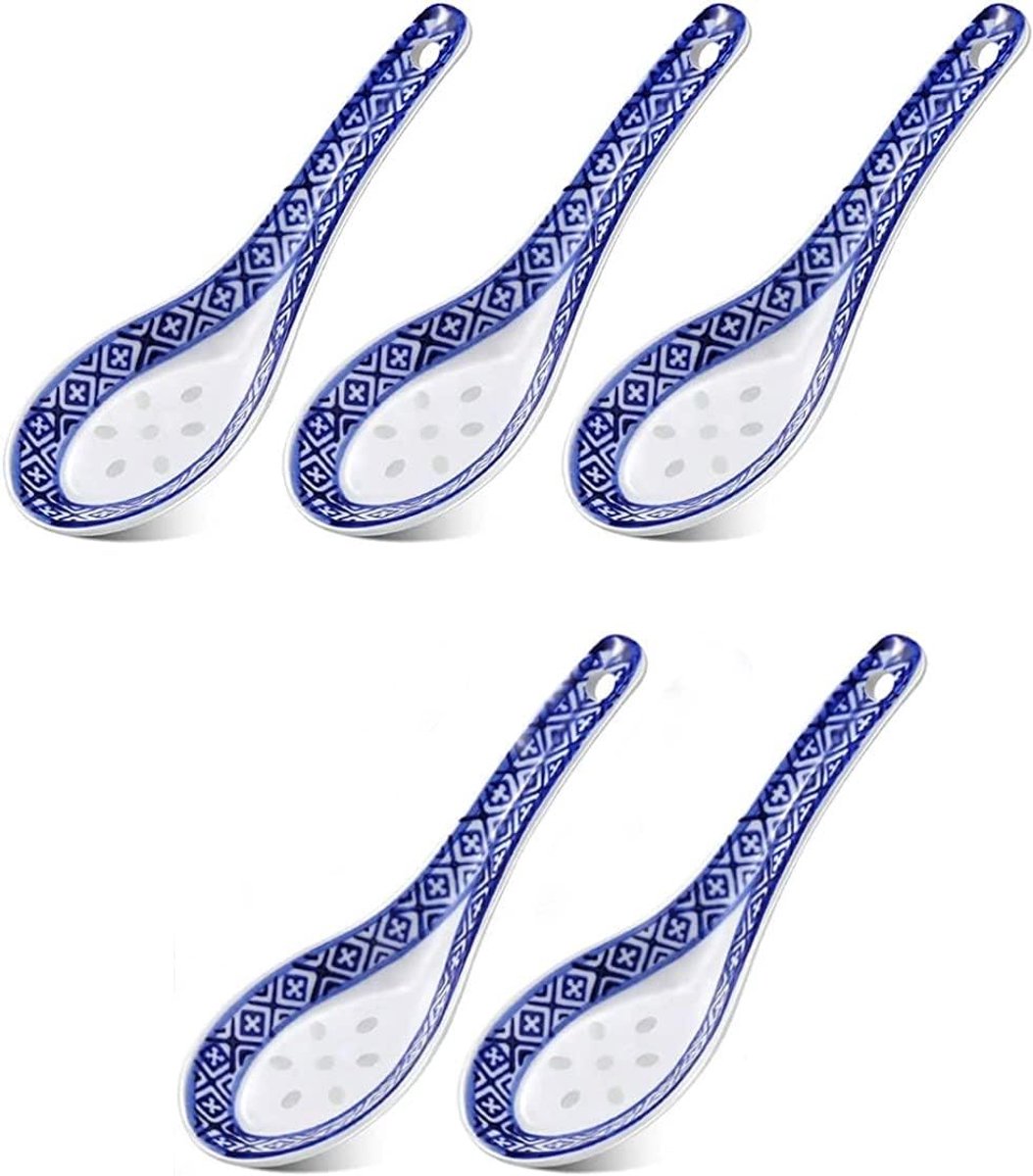 Dailygoods- Porseleinen Lepel Set van 5 - Chinese Soeplepel - Keramische Lepel - Dessertlepel - Voorgerecht Bestek - Blauw/Wit Design