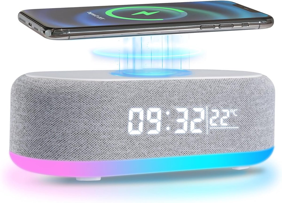 Digitale Wekker - Nachtkastje Klok - Ontwaken en Opladen - Geïntegreerde Bluetooth Speaker - 10x10 mm - Wit