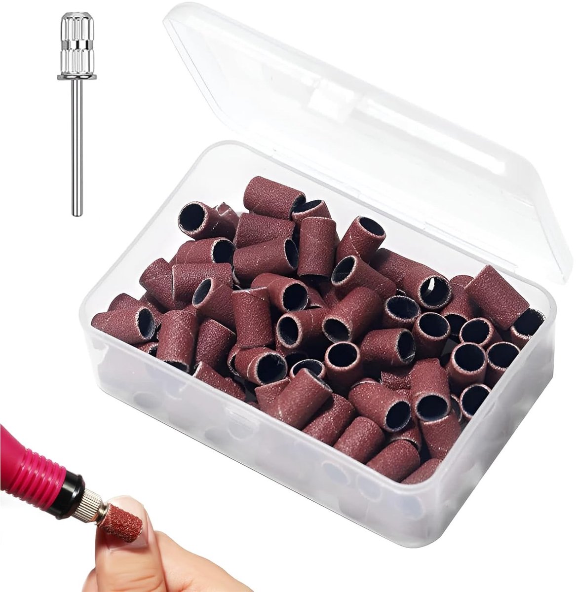 SnelShoppen - 100 Stuks 180 Grit Schuurmoffen, Nagelvijl Caps, Nagelverzorging, Manicure & Pedicure Accessoires, Bruin, Inclusief 1 Metaal Schacht