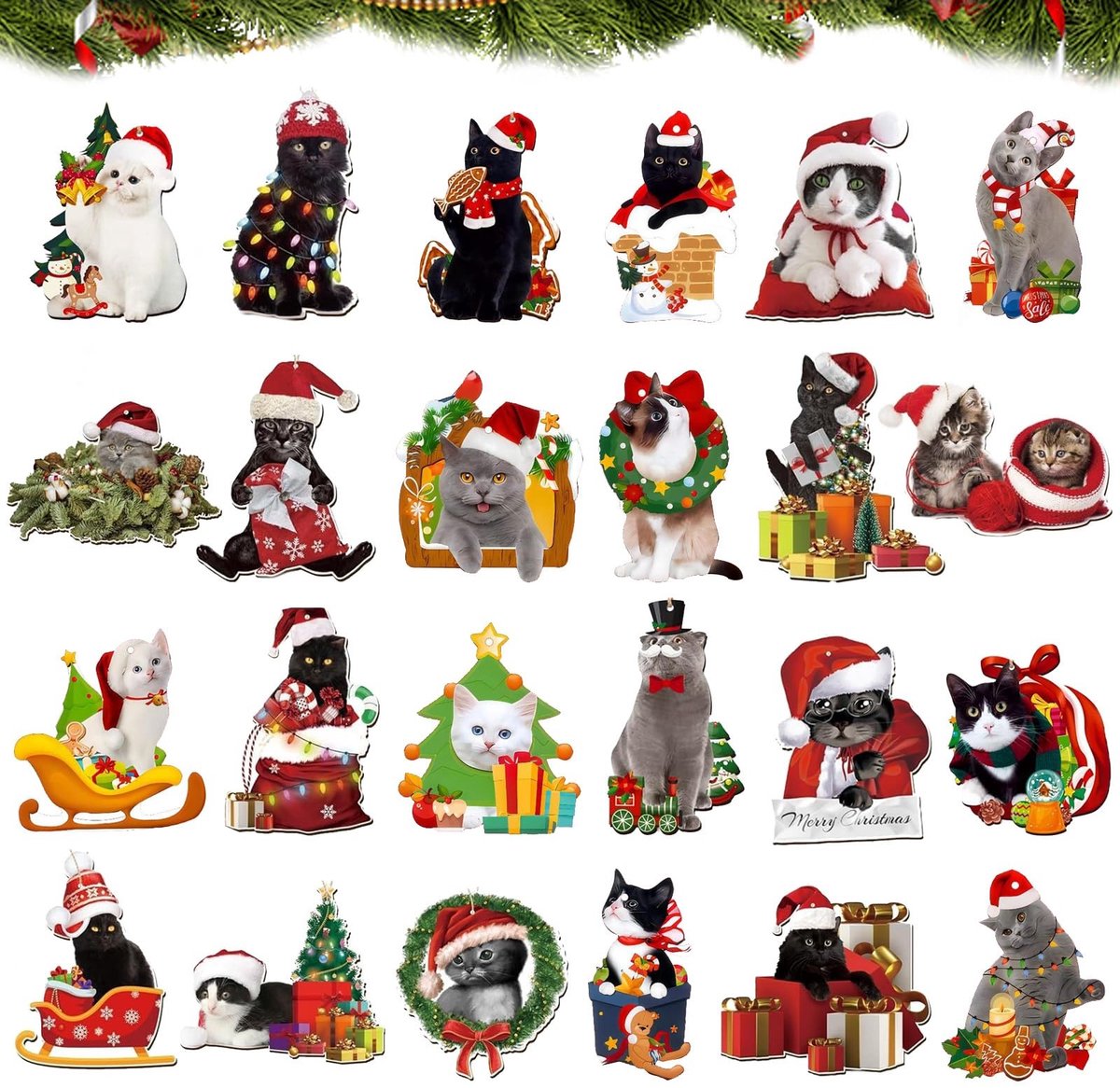 Dailygoods- Kerstboomdecoraties 24 Stuks - Houten Kat Ornamenten - Schattige Kerstversiering - Hangende Hangers - Feestelijke Sfeer - Perfect voor Cadeaus