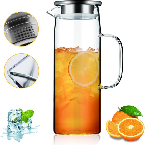 Carafe d'eau en verre avec couvercle - Carafe en verre de 1,5 L - Carafe d'eau avec poignée - Carafe pour eau froide et chaude