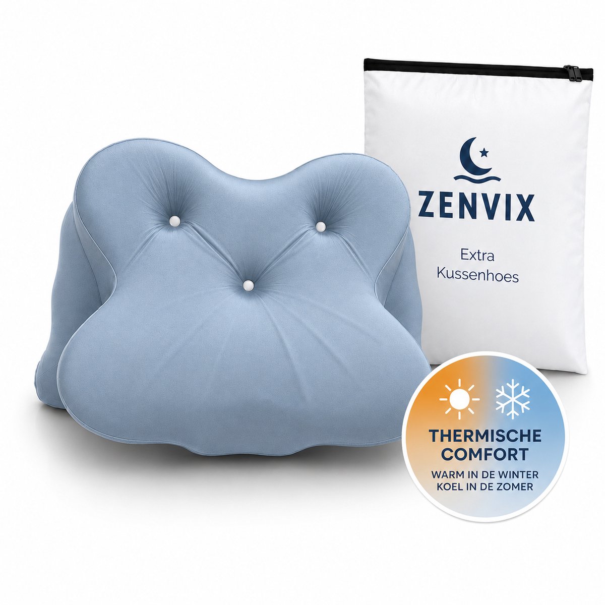 Zenvix® Kussenhoes voor Vlinderkussen – Vervanghoes voor Ergonomisch Hoofdkussen – Thermisch Comfort: Koel in de Zomer, Warm in de Winter – Afneembaar & Wasbaar op 30 °C – Past op Zenvix Vlinderkussen 59x36 cm – Blauw