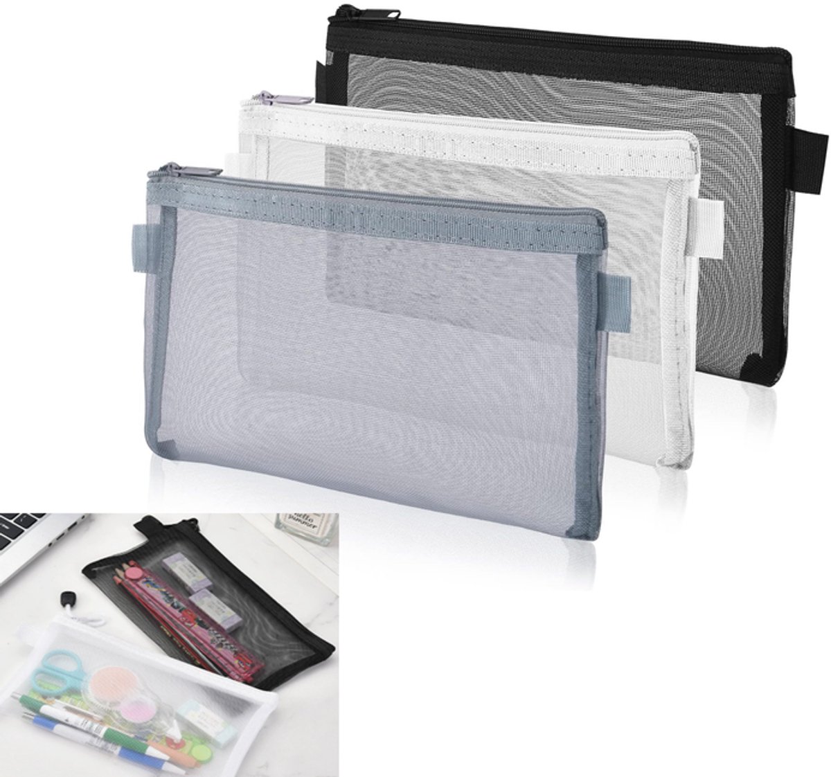 KZQ 3-delige transparante pennenetui set - Nylon mesh potloodtas met rits - Opbergtas voor kantoorbenodigdheden make-up en reisaccessoires - Zwart wit en grijs