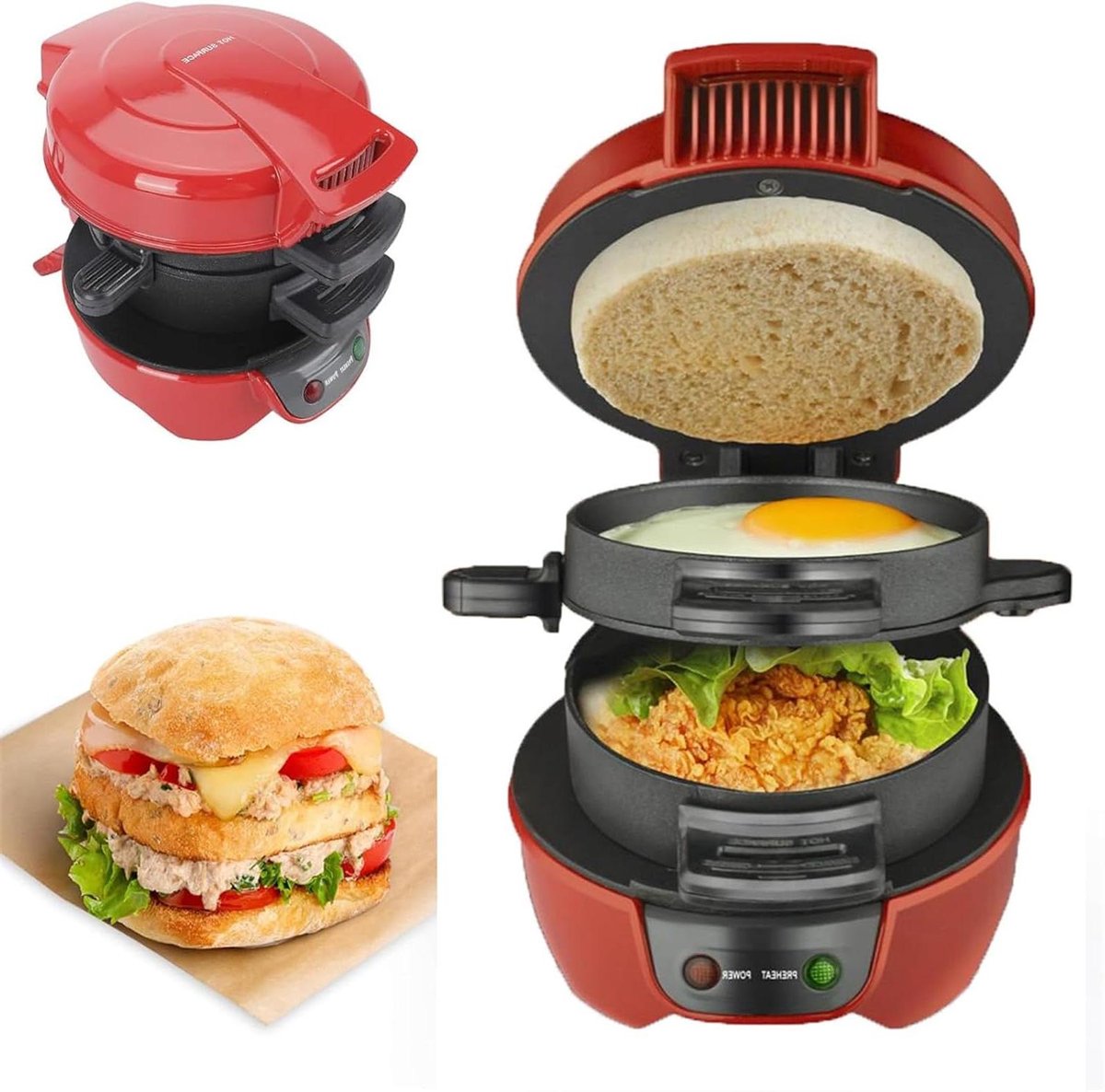 Ontbijt Sandwich Machine - Tosti IJzer - Snelle Maaltijden - Klaar in 5 Minuten - 600 Watt - Rood