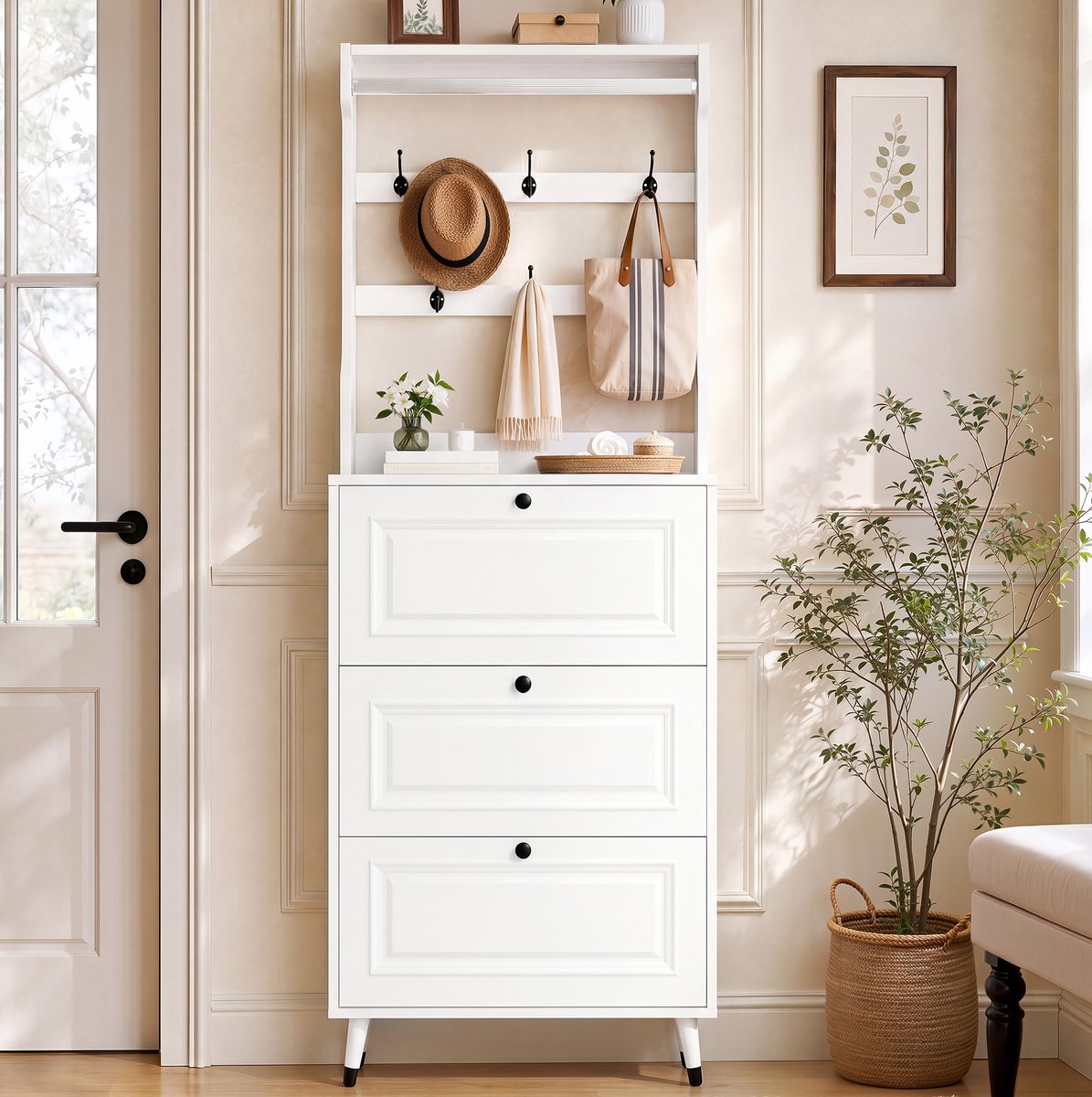 MIVRAY Schoenenkast Met Garderobe - 3 Klepdeuren En Haken - Ruimtebesparend Voor Hal En Entree - MDF En Spaanplaat - Wit - 66x17x180 Cm