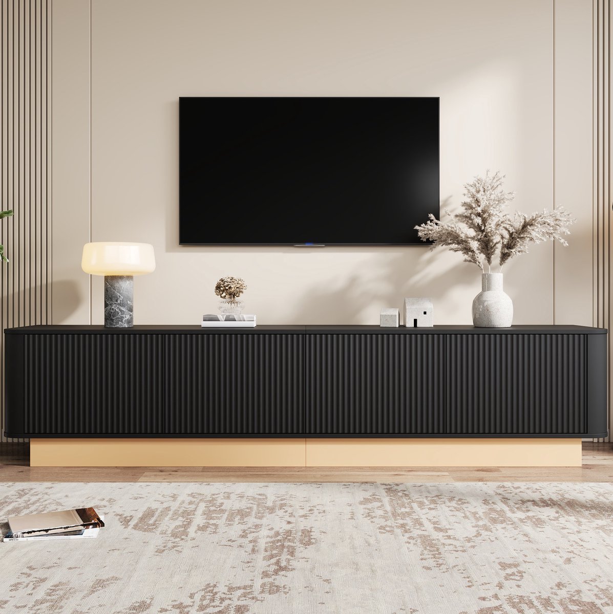 MIVRAY Tv Meubel - Geribbelde 4 Deuren Opbergkast Met Kabeldoorvoer - Voor Woonkamer - MDF Zwart - 200 X 40 X 47,5 Cm