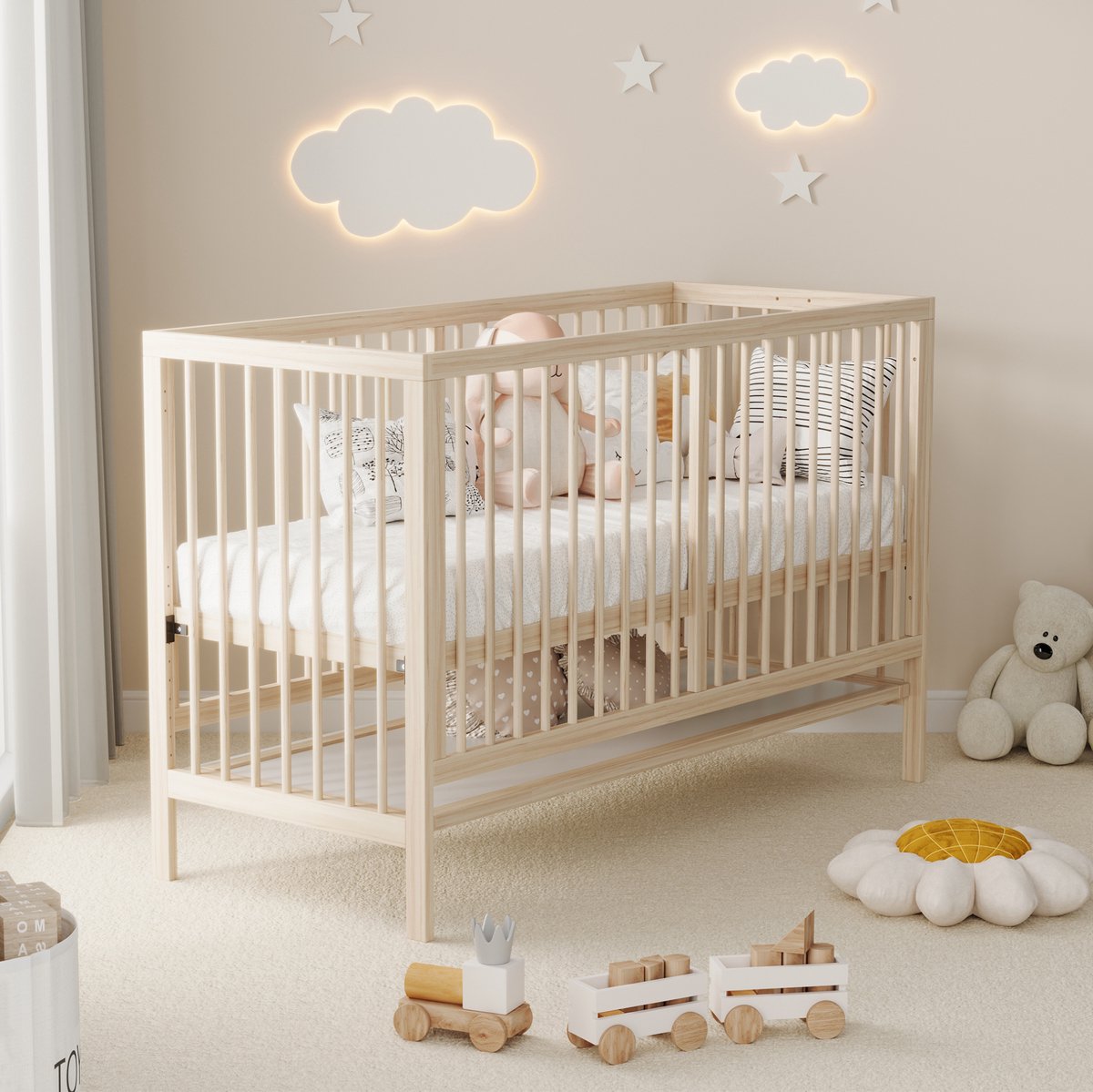 MIVRAY Babybed 140x60 cm - Zonder Matras Met Verstelbare Hoogte en Meegroeifunctie - Omvormbaar Tot Aanschuifbed en Bureau - Massief Vurenhout - Naturel