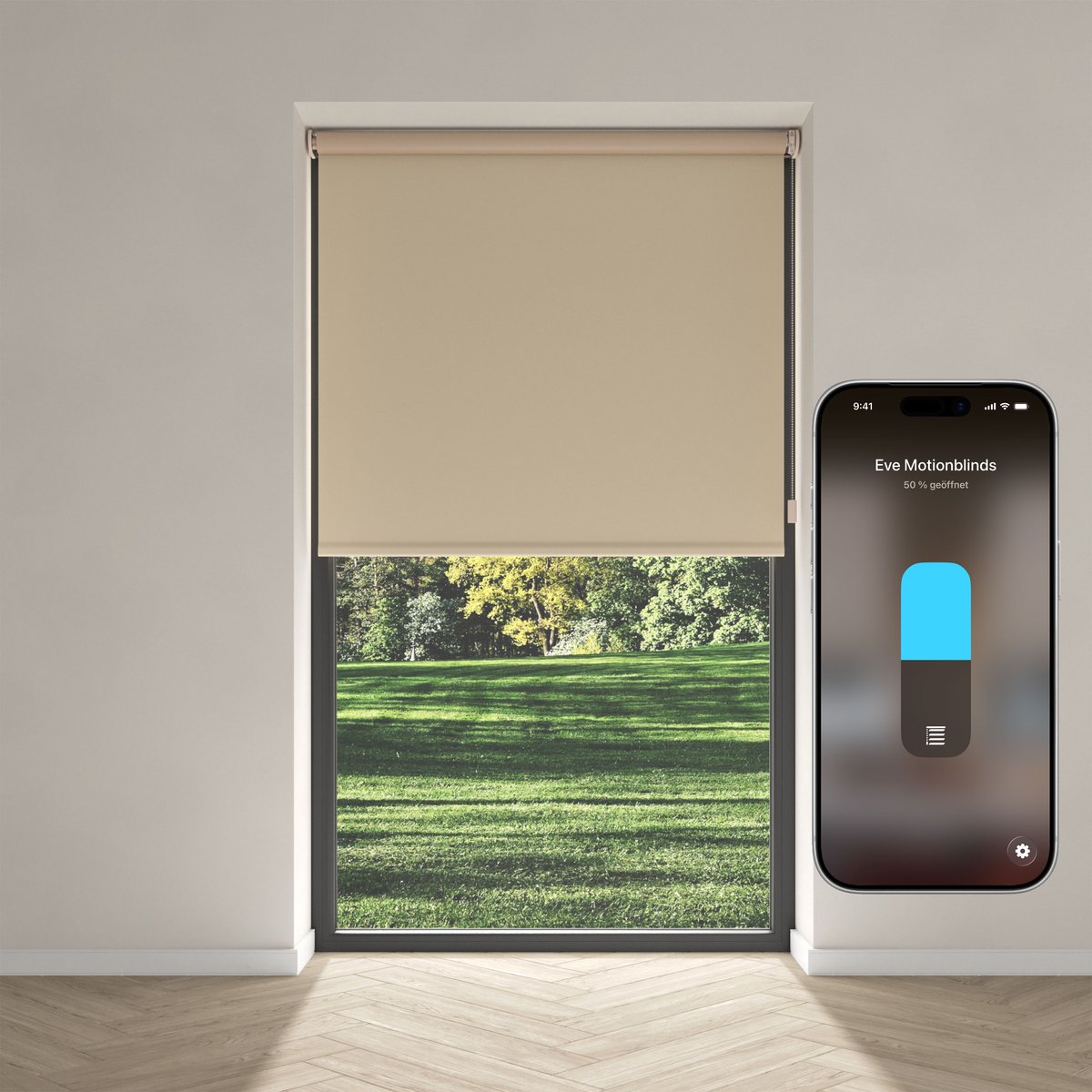 Eve Motionblinds (Matter) - Slim elektrisch rolgordijn voor binnen, app-/spraakbediening, schema's, verduisterend, oplaadbare accu, vrijhangend, schroefmontage, automatiseringen, vereist een hub, zand - 190x190cm