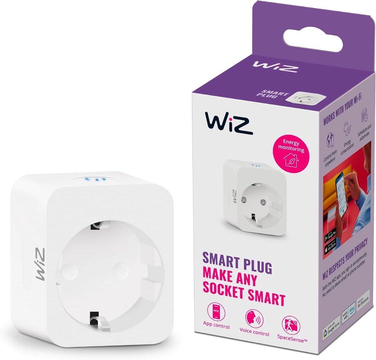 SnelShoppen - WiZ Slimme Stekker met Powermeter - Eenvoudige App Bediening - Meet Energieverbruik - Stekkertype F - Wi-Fi Verbinding voor Thuisgebruik