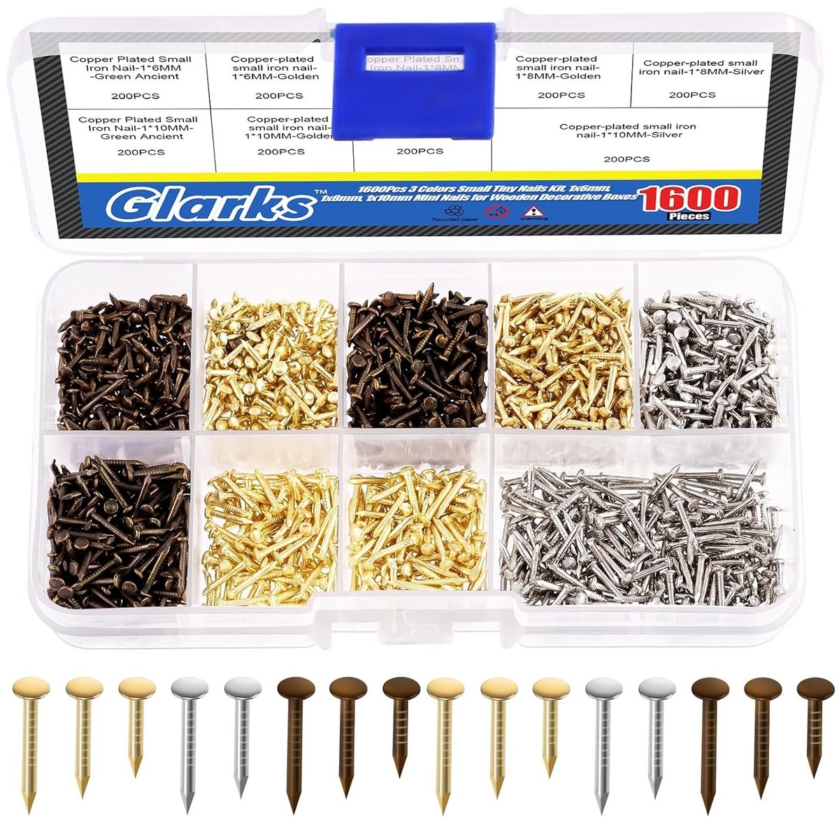 1600 Stuks Mini Spijkers Set voor Houtbewerking - Gouden, Zilveren en Bronzen 1x6mm, 1x8mm, 1x10mm - Ideaal voor DIY Projecten en Bevestigingsaccessoires