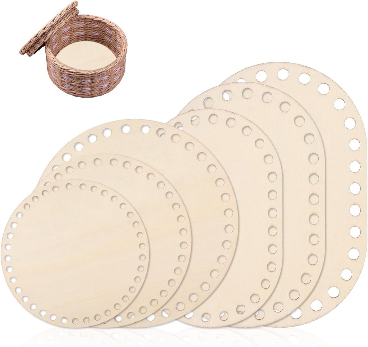 6 Stuks Houten Bodems voor Haakwerk, Stevig en Duurzaam, Perfect voor Mandjes en Opbergdozen (Rond en Ovaal)