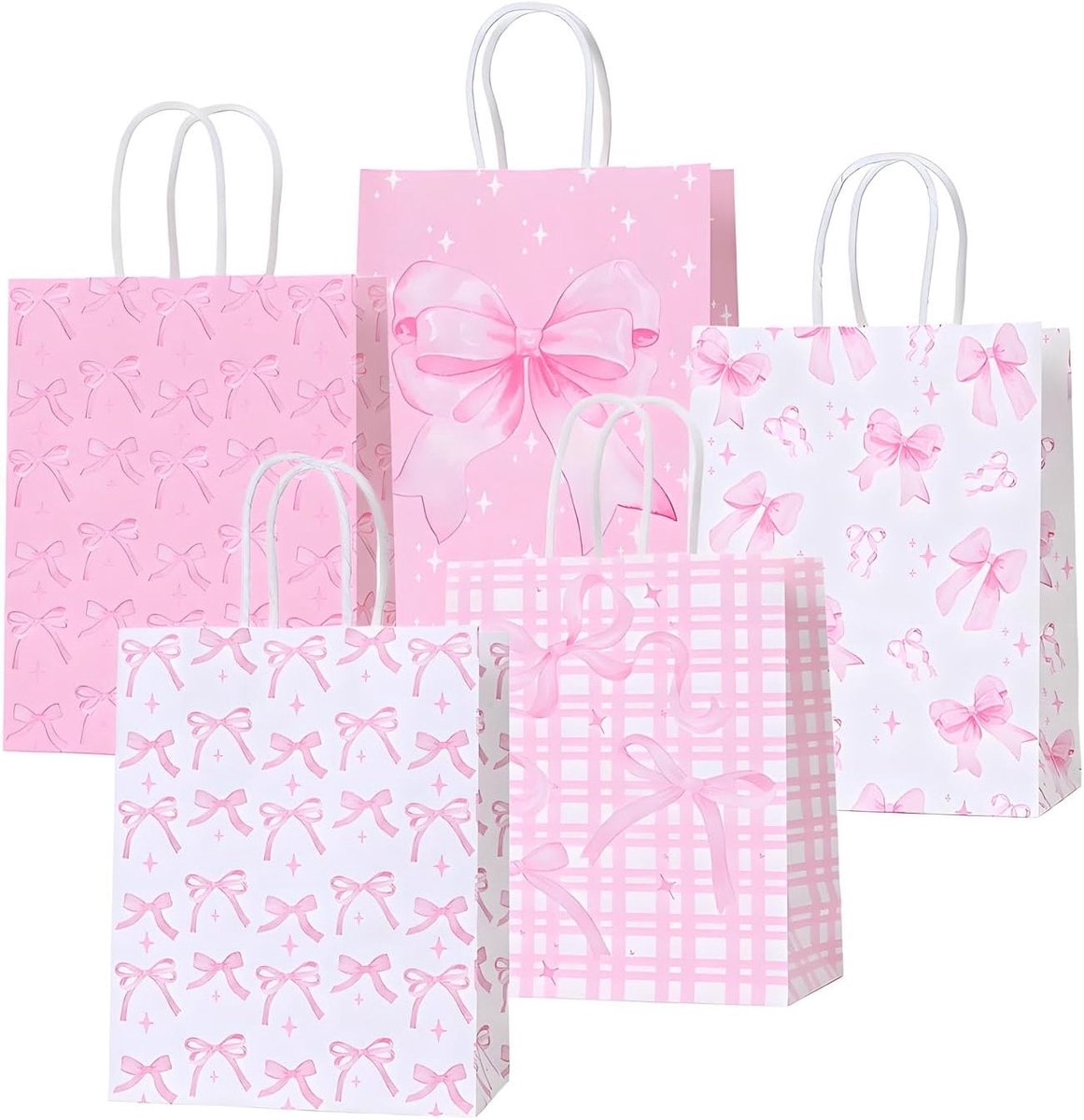 SnelShoppen - Lot van 5 Roze Lint Cadeauzakjes, Kraftpapieren Zak met Handvat 21 x 15 x 8 cm, Perfect voor Kinderverjaardagen, Bruiloften, Baby Shower