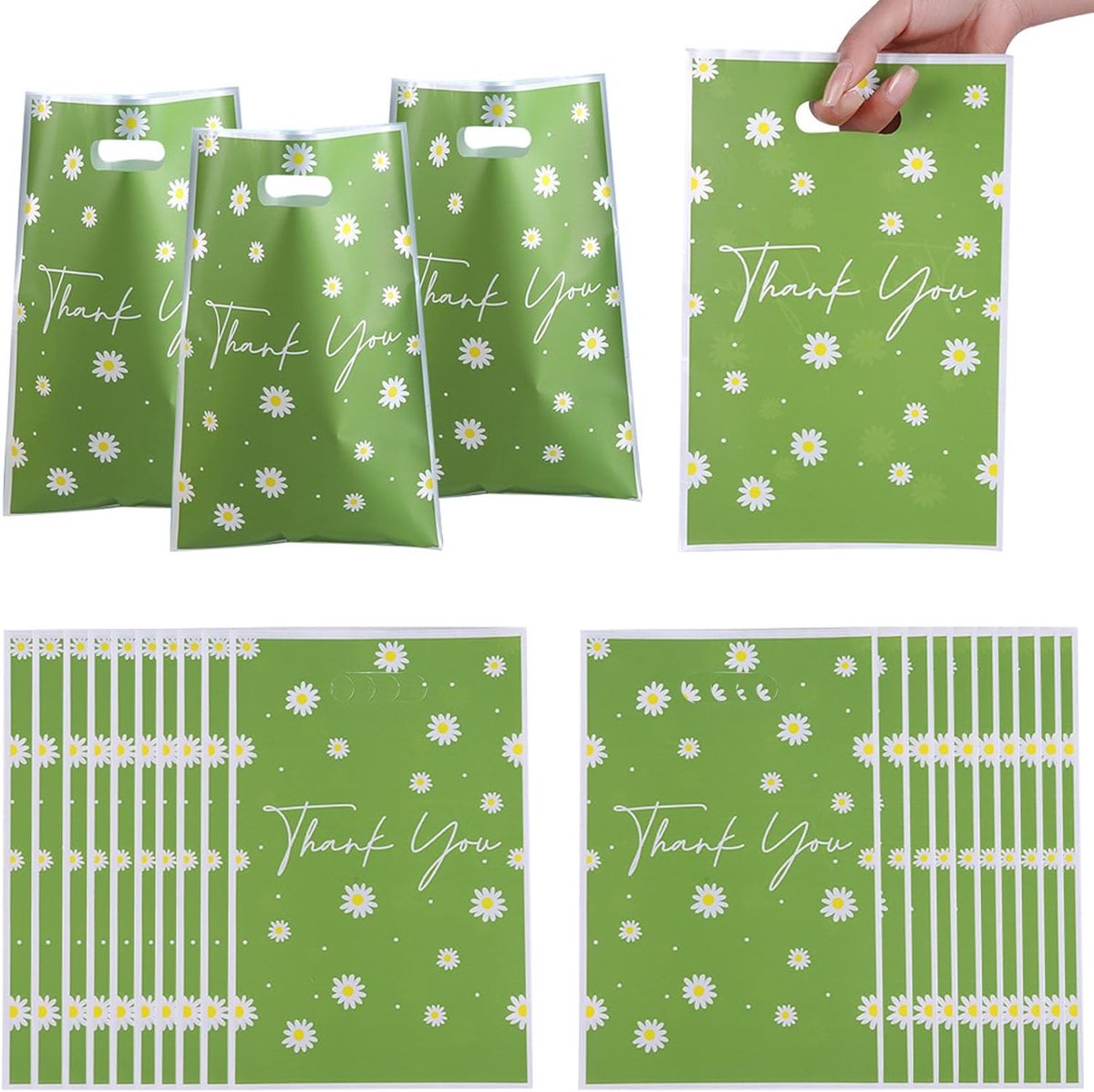 Thijox - 50 Groene Geschenkzakjes van Kunststof met Madeliefjespatroon, 16,5 x 25 cm, Perfect voor Feestjes, Verjaardagen en Cadeauverpakking