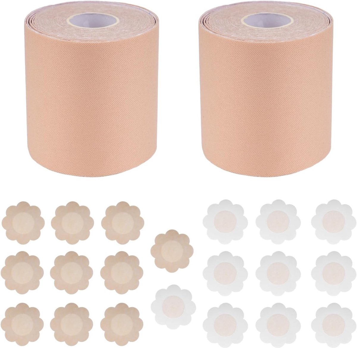 2 Rollen Borsttape 7.5cm x 5m Zelfklevend Push Up Tape voor Vrouwen met 10 Paar Tepelpads in Huidkleur, Ideaal voor Onder Kleding en Speciale Gelegenheden