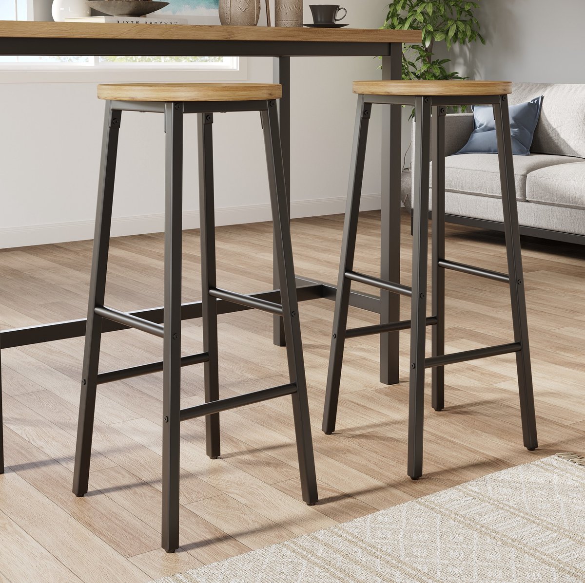 STILVORA Barkruk Set Van 2 - Houtlook Zitting - 70 Cm Hoog - Met Twee Voetsteunen En Verstelbare Voetjes - Voor Keuken Eiland En Bar - Metaal - Zwart
