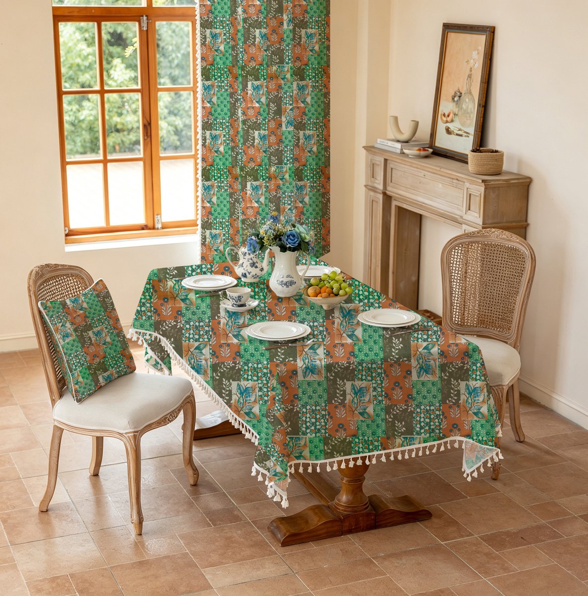 Boho-groen patchwork tafelkleed van polyester met bloemenprint en kwastjes, waterdicht vintage tafelkleed met botanische print en franjes,140x240cm