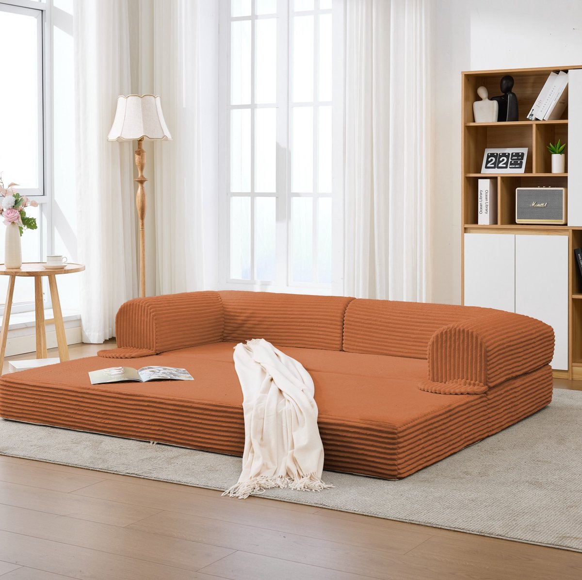 HAUSS SPOLE Slaapbank - 2-Zits Omvormbare Bank - Sofa Naar Bed - Voor Woonkamer En Logeerkamer - Geribde Stof - Oranje