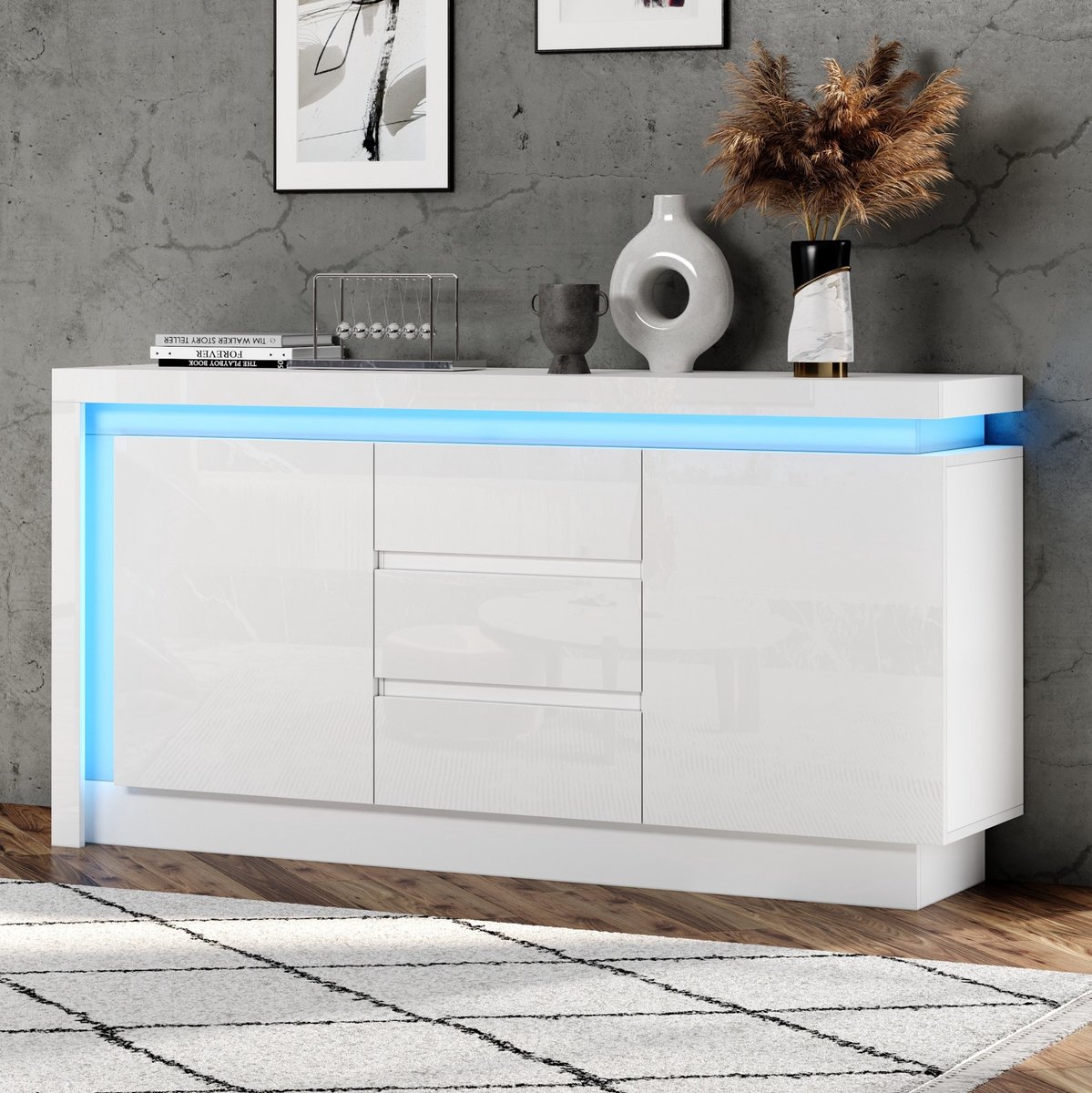 HAUSS SPOLE Dressoir - Hoogglans Opbergkast Met Led En 3 Laden - 2 Deuren Voor Woonkamer En Slaapkamer - Spaanplaat - 140x35x72 Cm - Wit