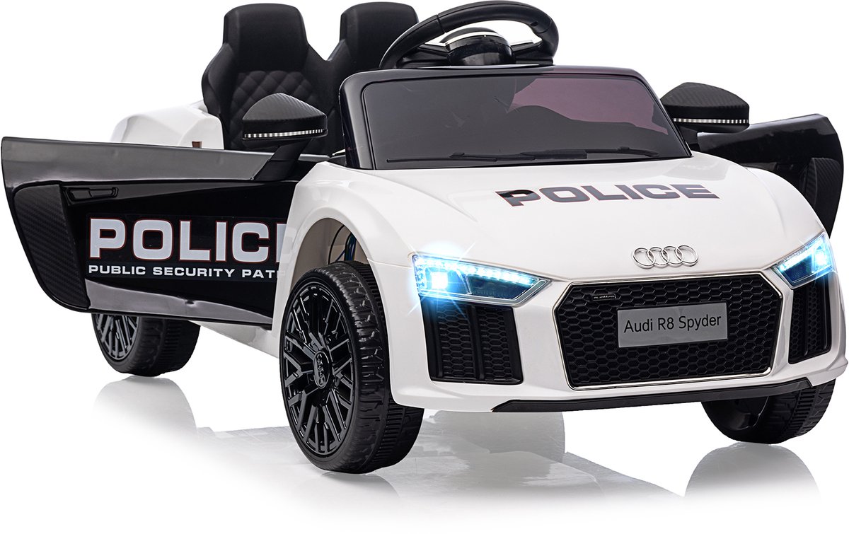 Triumpunpre Elektrische Kinderauto Audi R8 Politieauto - 6V Ride-On Politie Auto met 2 Motoren - Elektrisch Auto met Sirene & LED Verlichting - Afstandsbediening - Wit/Zwart