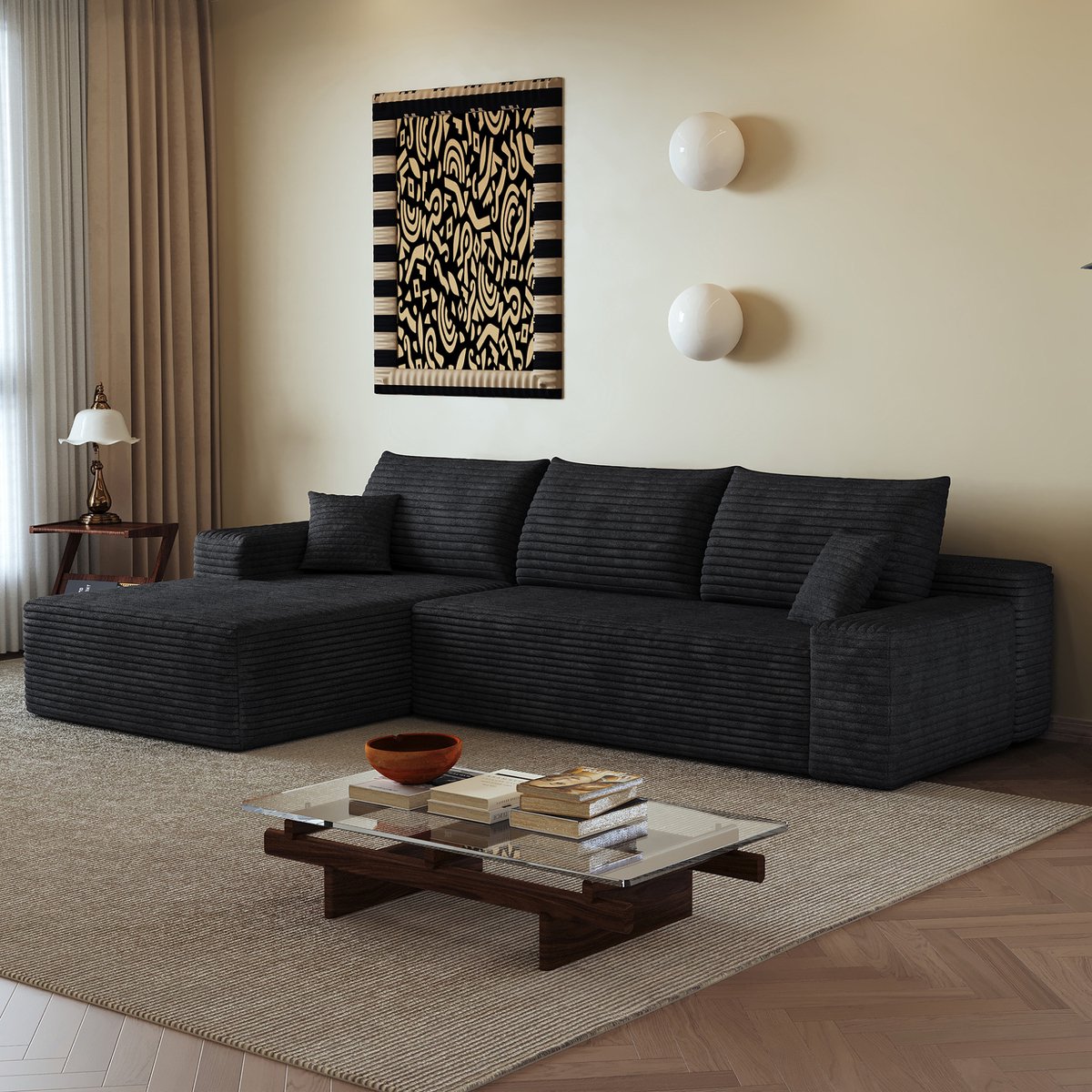 FloraGrace Hoekbank 270 Cm - Modulaire 3-Zits Met Chaise Longue En Diepe Zitting - Voor Woonkamer Of Slaapkamer - Corduroy - Zwart