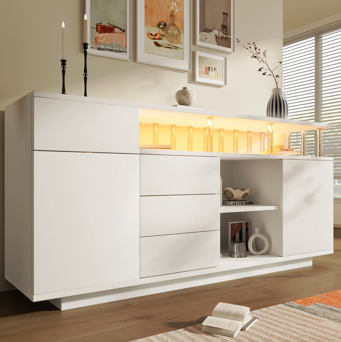 MIVRAY Dressoir - Witte Opbergkast Met LED Verlichting En Acryl Details - 4 Lades En 2 Deuren Voor Woonkamer Hal Of Keuken - MDF - 160x40x75 Cm