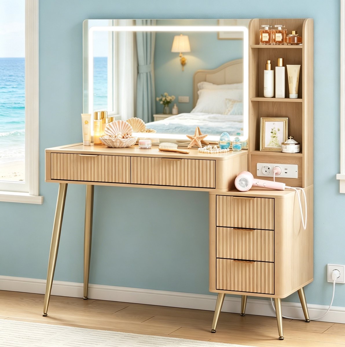 MIVRAY Kaptafel - Grote Spiegel Met Verstelbare Verlichting En Stopcontact - Voor Slaapkamer Met Opbergruimte - Hout En Glas - 117x40x137 Cm - Houtkleur