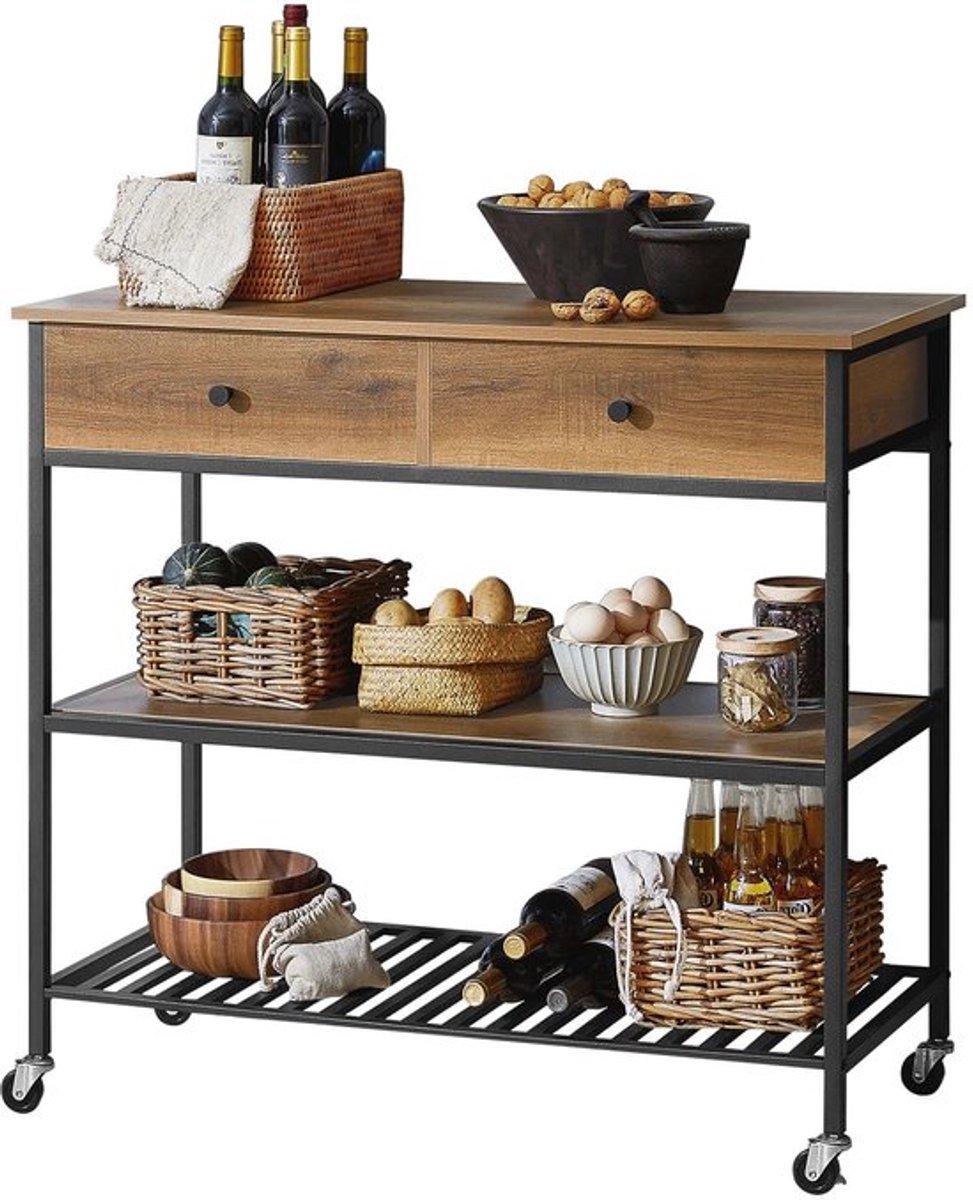 Keukentrolley – Serveerwagen – Opbergwagen – Keukenwagen – Halmeubel – Bruin – Industrieel Design – Ruime Opbergruimte Met 2 Laden & 2 Planken