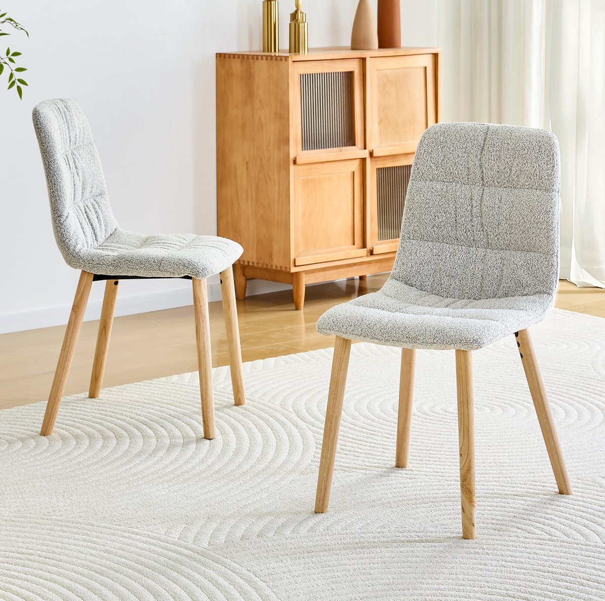 Eetkamerstoel Set van 2 - Lichtgrijs Stof met Massief Houten Poten - Comfortabele Scandinavische Stoel Voor Eetkamer En Keuken