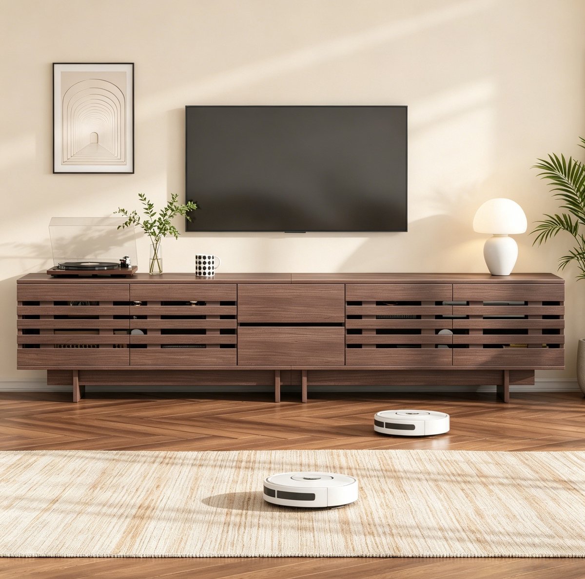 FloraGrace Dressoir - TV Meubel Voor Televisies Tot 80 Inch - 2 Lades En 4 Deuren Met 6 Vakken - Walnootkleur MDF - 200x39,5x55 Cm