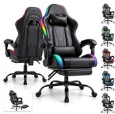 Zwarte gamestoel met RGB-randen, voetensteun en meerdere zijkantweergaven, inclusief een close-up van de voetensteun.