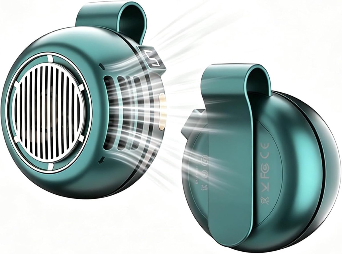 Draagbare, stille mini-ventilator zonder bladen met clip, verbeterd model met 5 snelheden, digitaal led-display, 360° draaibaar, oplaadbaar via USB – voor buiten, op reis en op kantoor (groen)