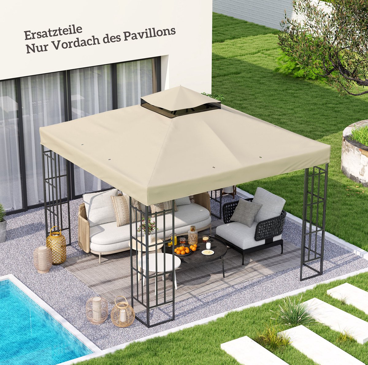 MEUNIQ vervangingsdak partytent 3 x 3 m dubbel paviljoendak met ventilatieopeningen en net, waterafstotende polyester dakbekleding voor tuinpaviljoen, crème