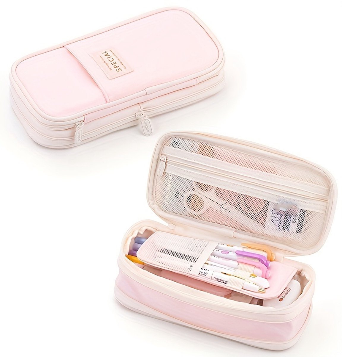 KZQ Groot pennenetui met 2 compartimenten en rits - Esthetische canvas potloodtas - Ruime opbergorganizer voor schoolbenodigdheden en make-up - Perfect voor studenten - Roze