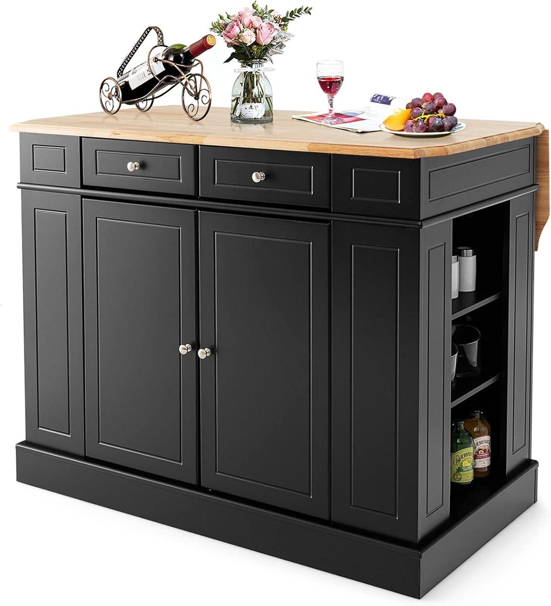 Keukeneiland met blad - Keukenkast met lades - Keuken organiseren - Uitschuifbaar werkblad - 120 x 92 cm - Zwart