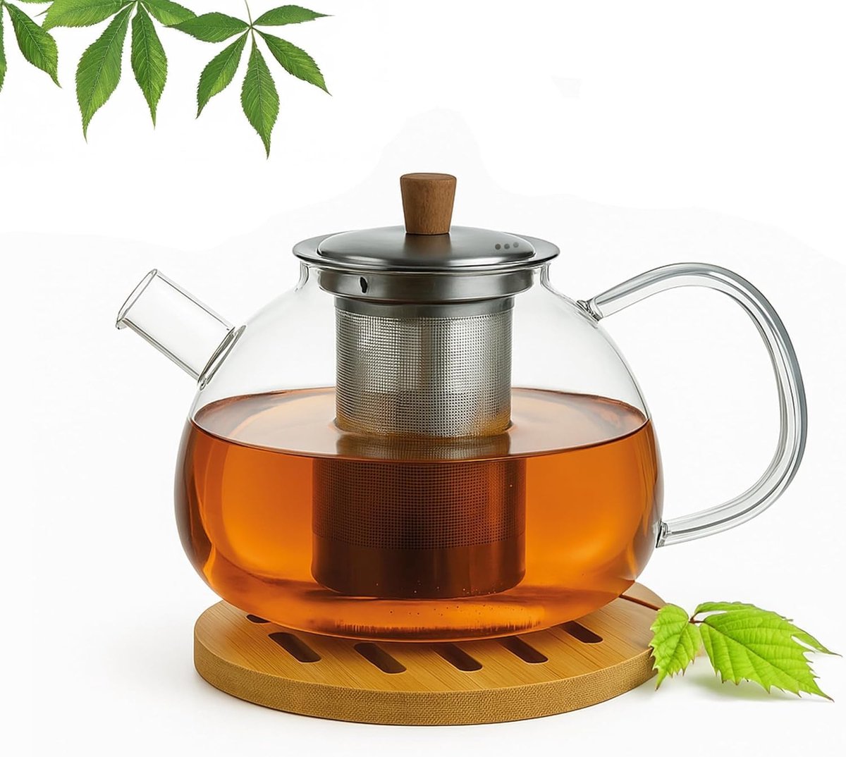 Theepot met roestvrijstalen zeef, schotel - 1,5 liter - borosilicaatglas & bamboe schotel - druppelvrij, hittebestendig, vaatwasmachinebestendig (theepot)
