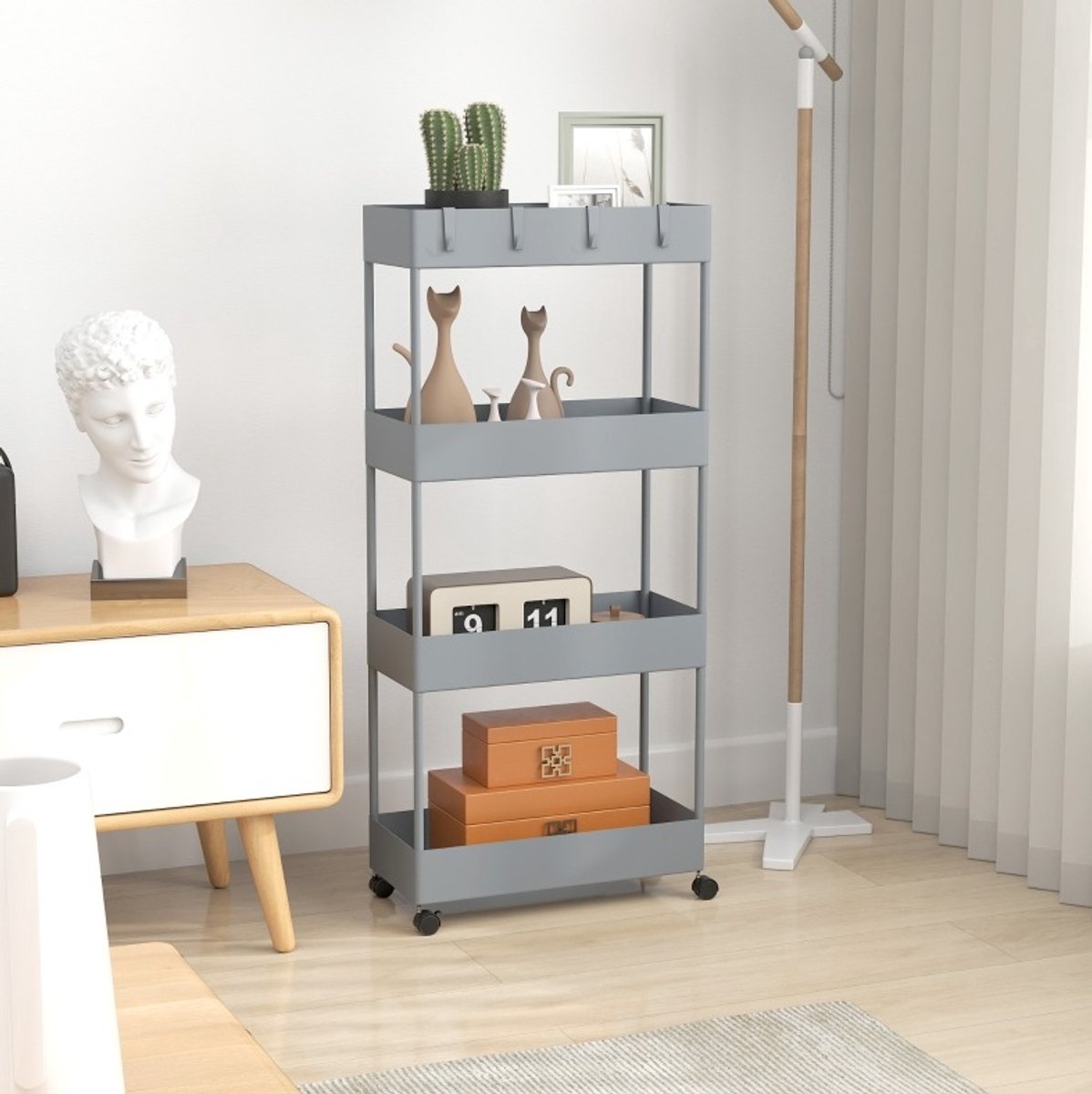MEUNIQ keukentrolley met 4 etages en wielen, smalle opbergwagen met 4 afneembare haken en 2 remmen, 40 x 19 x 90 cm, grijs, voor keuken en badkamer