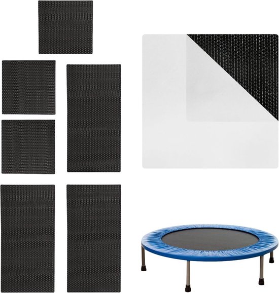 Zwarte trampoline reparatie patches: 3 vierkanten en 3 rechthoeken.
