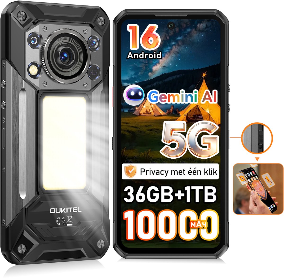 Robuuste smartphone - OUKITEL WP500 - 6,78'' FHD+ scherm - 32GB RAM - 1TB ROM - 10000 mAh 45W - 5G Dual SIM - NFC GPS 2026 nieuw - Zwart