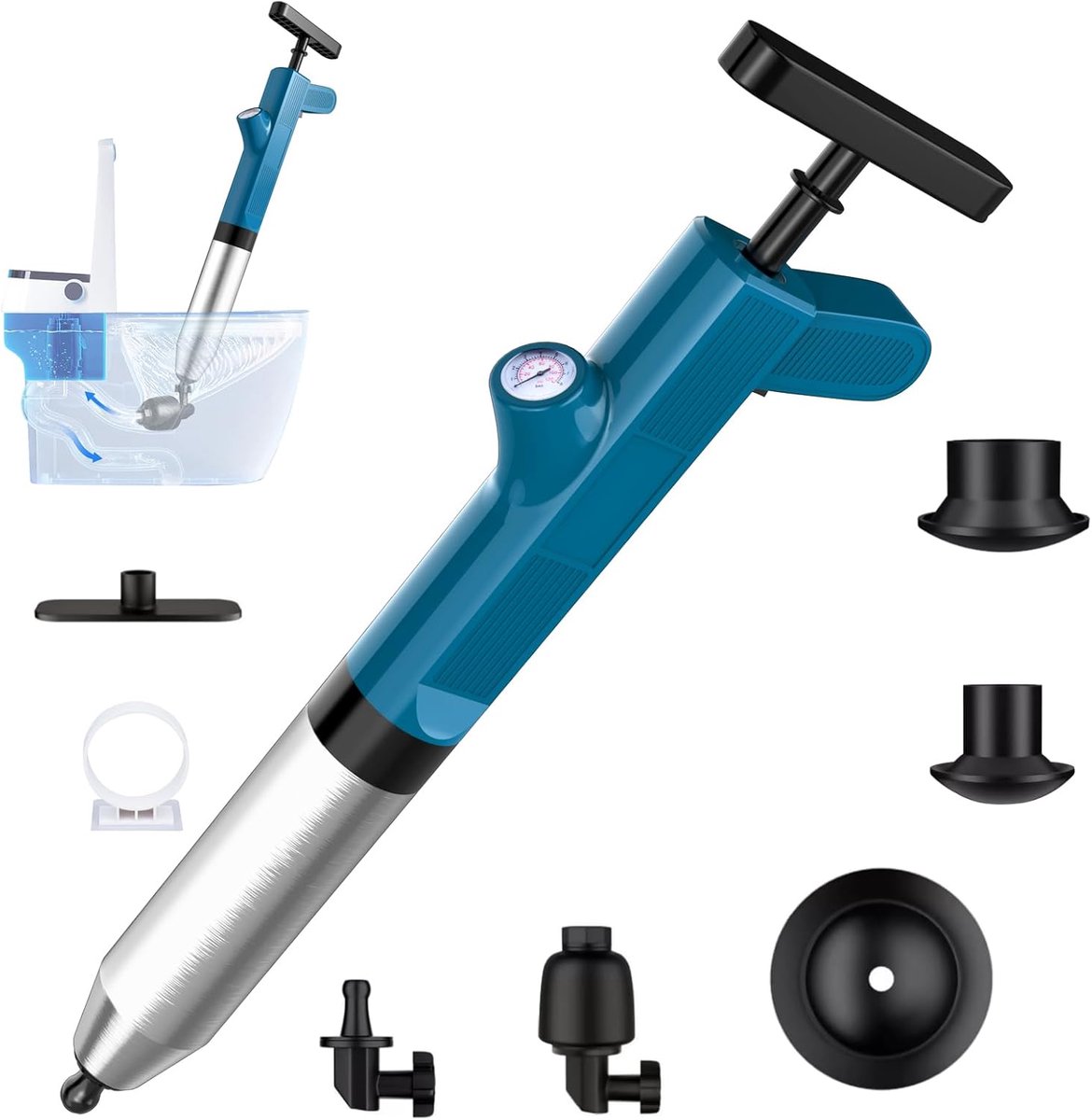 Toiletontstopper-set, hogedruk-luchtontstopper voor afvoeren, gootsteenontstopper voor de badkamer, krachtige afvoerreiniger met realtime manometer voor toilet, keuken, douche, leidingen, vloer en riool.