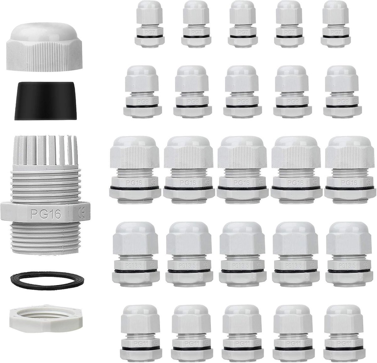 Verstelbare kabeldoorvoeren, 25 stuks, 3-15 mm, IP68 waterdicht, brandpreventie en milieubescherming, PG7, PG9, PG11, PG13.5, PG16, grijs