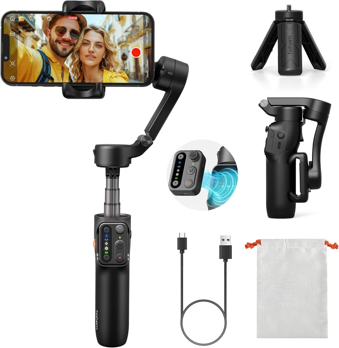 SnelShoppen - 3-Assige Gimbal Stabilisator voor Smartphone, Lichtgewicht & Opvouwbaar, Afneembare Afstandsbediening, Uitschuifbare Staaf, 11 Uur Accud