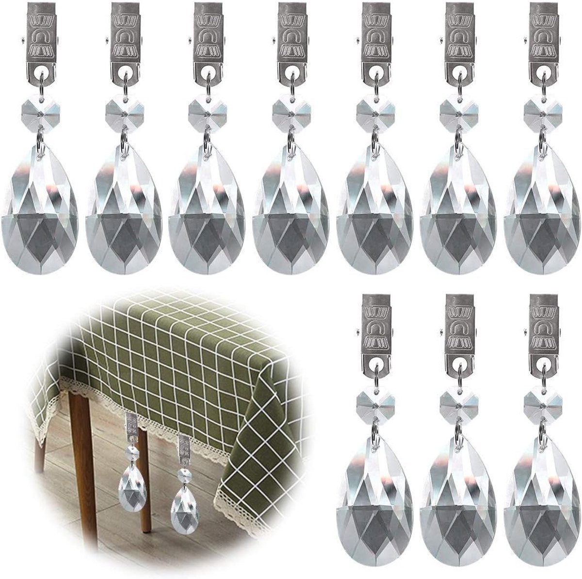 Tafelklemmen Set van 10 Stuks, Metalen Clips met AB Kristal Glazen Prism Hangers voor Picknicktafels, Zware Buitenweegtjes voor Stabiliteit en Decoratie