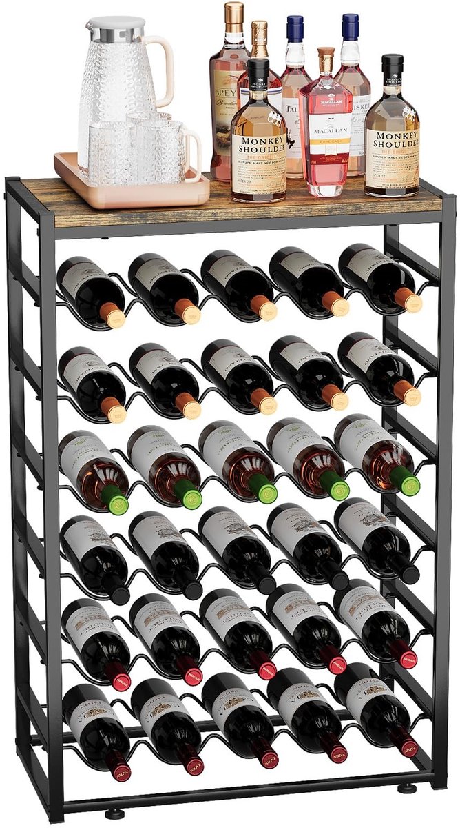 Inovra- Wijnrek met 6 legplanken - Vrijstaand flessenrek - Wijnrek metaal zwart - Houten tafelblad - Waterdicht - 30 flessen - 59 x 30 x 89 cm